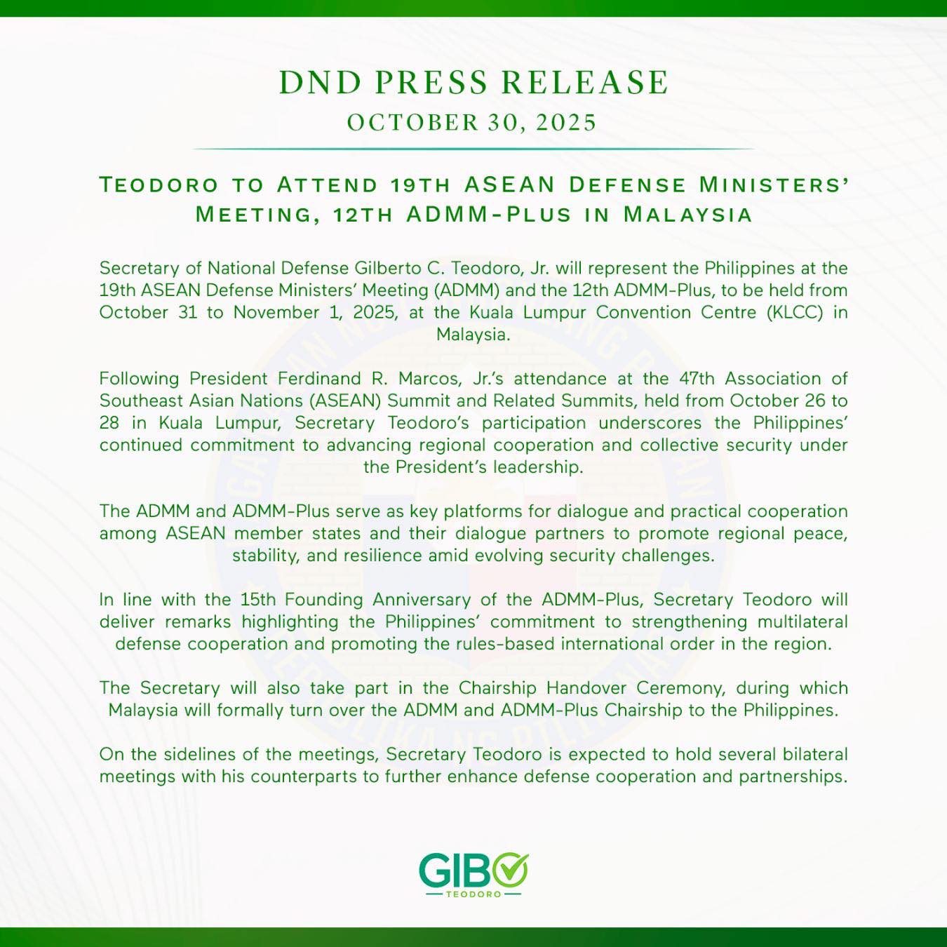 Teodoro to Attend 19th ASEAN Defense Ministers’ Meeting, 12th ADMM-Plus in Malaysia
