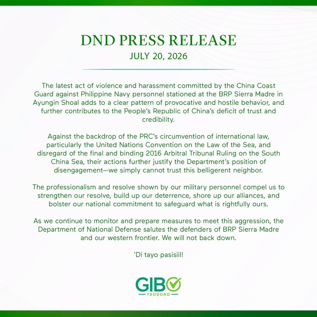 DND Press Release on act of violence and harrassment by China Coast Guard against PH Navy personnel at BRP Sierra Madre